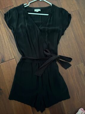 LOFT Black Wrap-Front Short Romper with Tie Waist